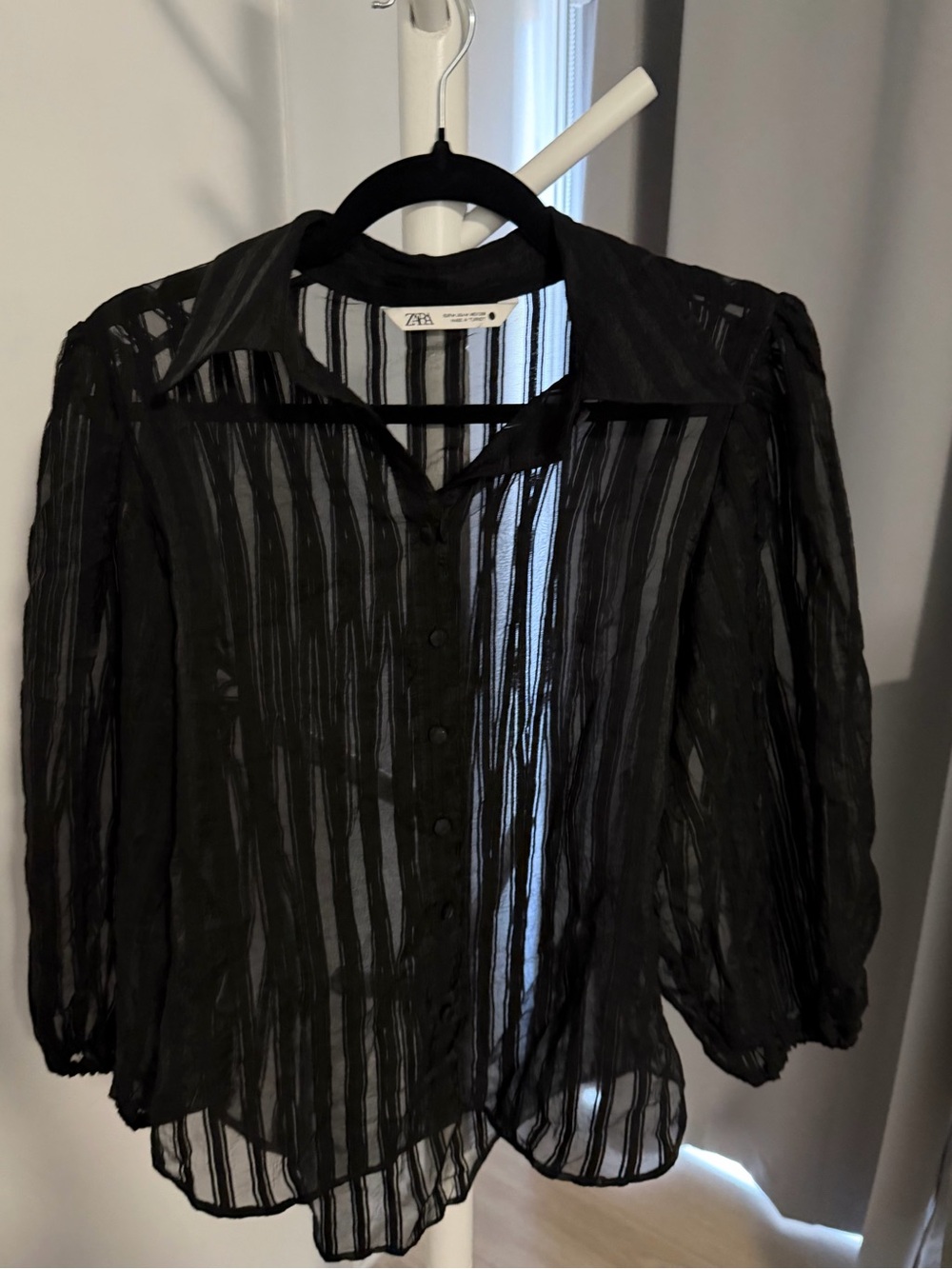 Zara Black Sheer Striped Button-Down Shirt - Picture 2 of 3